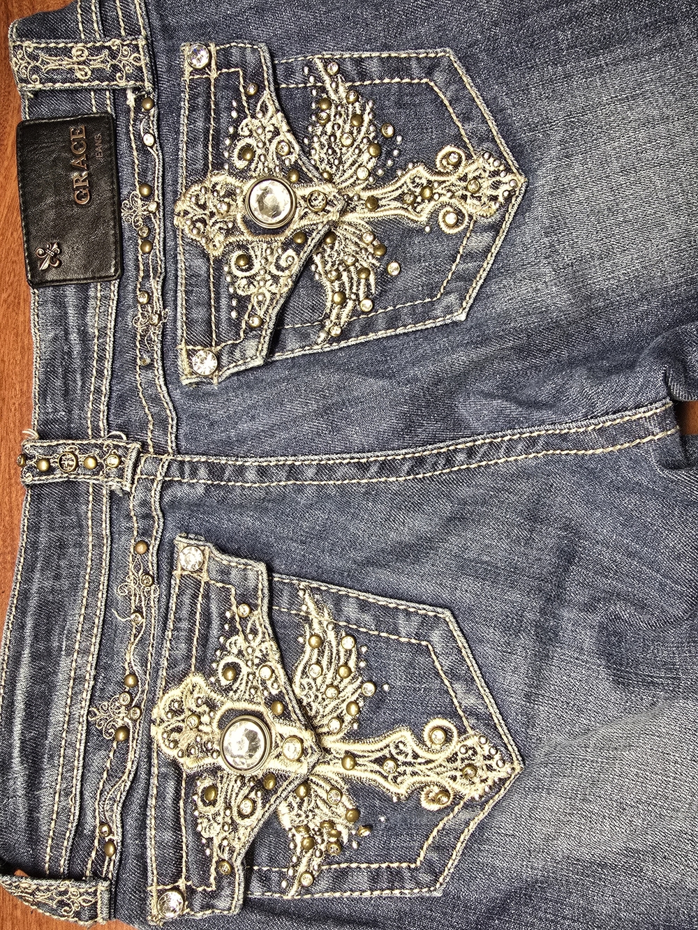 Grace in LA Blue Denim Jeans with Gold Embellished Pockets